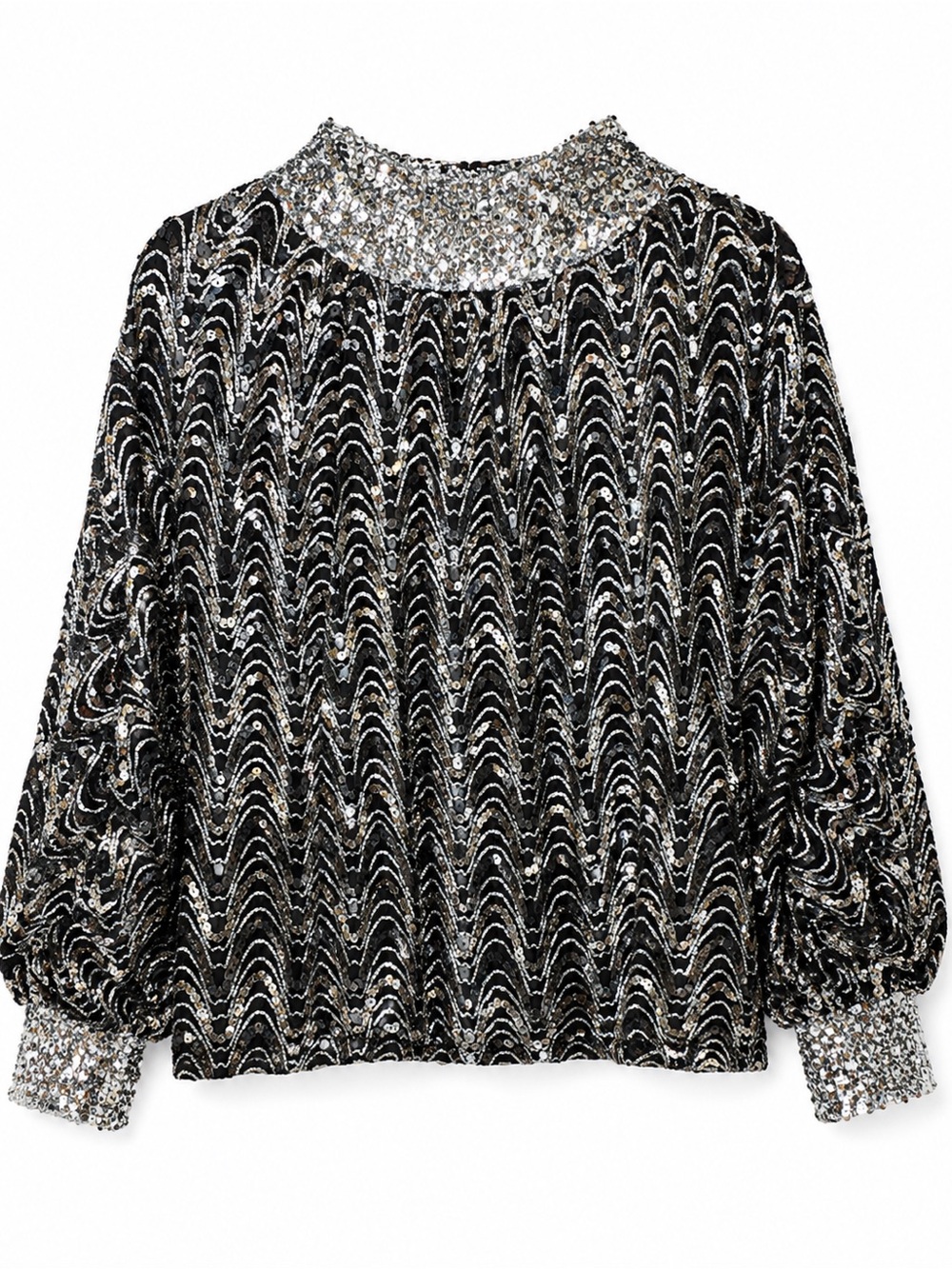 Embellished Black & Silver Sequin Balloon Sleeve Blouse